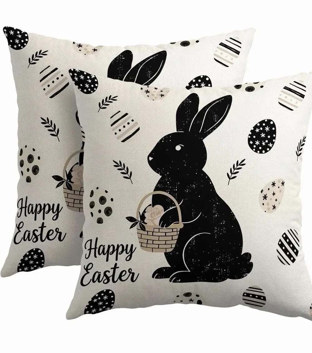 Happy Easter Bunny Pillow Covers 18X18 Inch Linen Black White 2 Pc